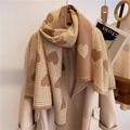 Maillard plaid scarf with brown hearts and fringe trim, khaki and beige knit pashmina - Double Sided Big Heart Khaki