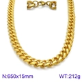 Golden hip hop stainless steel Cuban chain necklace, 650x15mm size for men - Gold Cuban Link Necklace 650x15mm(KN93852-Z)
