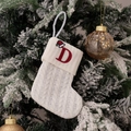 White knitted Christmas stocking featuring red embroidered letter D and festive tree decor - Embroidered Knitted Small Sock White D