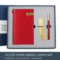 Vintage red leather journal gift set with sandalwood pen and golden metal bookmark - Red Notebook Set With Bookmark and Rosewood Pen