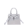 Silver rhinestone small square handbag with metallic top handle and crossbody strap - Silver