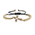 Adjustable cross bracelet with black woven cord and gold-plated copper beads for women - Gold Cross