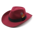 Close-up of burgundy wool fedora with black ribbon and natural pheasant feathers detail - Burgundy