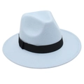 Close-up of light blue fedora hat with a black ribbon band on a white background - One Size / Sky Blue