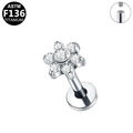 ASTM F136 titanium floral piercing stud with clear zircon and internal thread - Silver Seven Star Flower (G23LAI211-S)