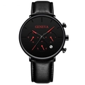 Close-up of Geneva men's watch with black leather strap, red hands and calendar window - Litchi Texture Leather Strap Style / Black Leather Strap / Red Hands