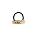 Close-up of golden hammered metal texture on black elastic hair tie with geometric design - Gold Single Bar Liquid Metal