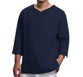 Detalle de camisa de algodón y lino azul marino que muestra el cuello en V y el tejido - M / Tops / Azul Marino