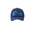 Detailed view of the 'Classic' embroidery on a vintage distressed navy baseball cap - Navy Blue