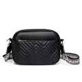 Small black leather crossbody bag with V-quilted pattern and black-white woven strap - Black