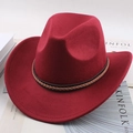 Classic wide brim fedora hat in wine red wool felt with brown braided leather band - One Size 57-58cm / Leather Braid Band / Burgundy