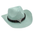 Detail of mint green straw cowboy hat with ethnic geometric band and silver bull skull charm - Mint Green