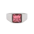 Square pink gemstone ring with wide silver band in high polished titanium steel - Steel Color Pink Stone