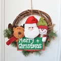 Christmas wreath with plush Santa, reindeer and snowman figures on a woven rattan ring - Santa Snowman Elk Trio Large / Diameter 34cm
