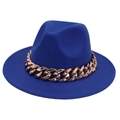 Detail of navy blue felt fedora featuring a chunky rose gold Cuban chain decoration - Sapphire Blue