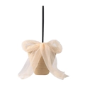 Borsa a secchiello in paglia beige con grande fiocco in rete e tracolla nera sottile - Cachi