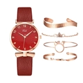 Women's quartz watch with red leather strap and four rose gold bracelet set on white background - Five-Piece Set / Red + Bracelet
