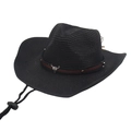 Detailed close-up of a black woven raffia cowboy hat with a metal bull head ornament - One Size (Straw + Rope) / Black (Small Bull Head)