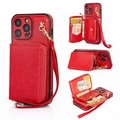 Red leather wallet case for iPhone 15 Pro Max with zipper pocket and wrist strap - Red / ip11