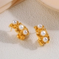Elegant 18k gold plated titanium steel earrings with three white pearls for women - Textured C-Shape Artificial Pearl