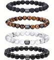 Natural stone bead bracelet set with lava rock, tiger eye and matte agate - Lava & Tiger Eye & White Turquoise & Matte Onyx 4pcs Set