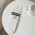 White mid-calf knit socks with black stripes and a smile embroidery patch - Double Stripe Smile Style (lm) / White