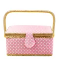 Pink polka dot sewing basket with woven handle and button closure in pastoral style - A Style - Pink Rainbow Box