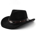 Classic black faux suede cowboy hat with brown leather band and silver vintage ornaments - M (56-58cm) / Black