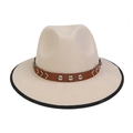 Beige fedora hat with black trim, brown leather band and silver metal bull studs - M (56-58cm) / Beige (87 Series V-shape Rivet Decor)