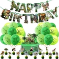 Décoration de fête d'anniversaire dinosaure avec bannière, ballons et garnitures de gâteau - Nouveau Set Dinosaure : Bannière+18 Ballons (6 Vert Foncé+6 Vert Clair+6 Vert Fruit)+16 Cake Toppers+2 Rubans Plats Verts