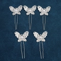 Detail of silver U-shaped hair pins with hollow butterfly designs and white pearls - Hollow Rhinestone Butterfly Style (FZ-001) / 5 Pcs Set / Silver