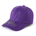 Detail view of purple cotton baseball cap with silver rhinestone bunny ears design - Deep purple