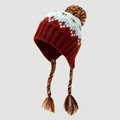 Detailed texture of kids winter knit hat with pompom and colorful braided tassels - 3-8 Years / Red