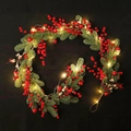 Christmas garland with red berries, pine needles, plaid bow and warm LED lights - Garland (With LED Lights)