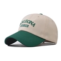 Detailed close-up of Arizona EST 1751 embroidery on two-tone cotton baseball cap - Adjustable / Green Patchwork