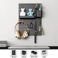 Black pegboard wall organizer set with storage bins and hooks for home office setup - Long Board Set 1 / Black