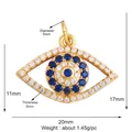 Golden Evil Eye charm with blue and white zircons, 20mm x 17mm lucky amulet pendant - Pink