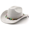 Detail of grey suede cowboy hat featuring turquoise stones and ethnic woven band - Light Gray