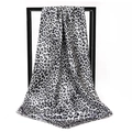 Silky satin square scarf featuring a classic black and white leopard animal print - Leopard Print Grey