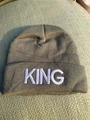 Dark grey knitted beanie with white KING embroidery on the folded cuff for couples - Grey White KING