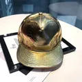Golden PU leather flat brim baseball hat with embossed crocodile texture for hip hop style - Gold - Plain Style