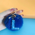 Blue faux fur pompom keychain with glitter letter L pendant and tassel on gold hardware - Letter L