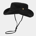 Detalle de gorro de pescador negro con botón de metal lateral y cuerda ajustable para viento - Talla única / Negro