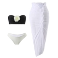 Detailed flat lay of a 3-piece bikini set with 3D white roses and matching mesh skirt - S / White Skirt / Black Flower White Top