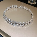 Double-row oval crystal choker necklace in silver finish with adjustable chain link - Silver Double Layer Necklace (162#)