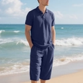 Close-up of dark blue linen polo set with breathable fabric texture for beach wear - Navy Blue