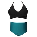 Two-piece girls high-waisted bikini with black wrap top and green bottom - 104 / Two-Piece Set (Smooth) / Black & Teal
