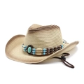 Detail of woven straw cowboy hat with ethnic beaded band and turquoise stone ornament - Beige Gradient (8#)