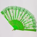 Detail of bright green lace folding fan with gold rose patterns and plastic ribs - Green
