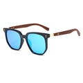 Detail view of blue mirrored lenses with natural wood temples and metal hinges - Bright Black Frame - Blue Mirrored Lens